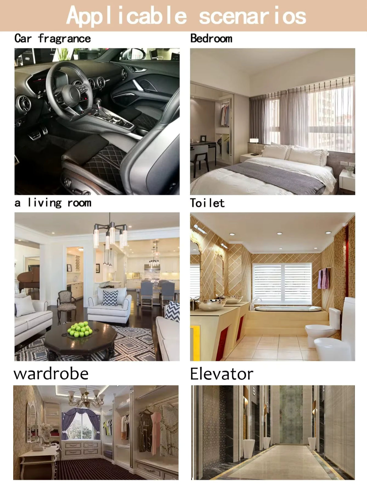 Utilisations possibles du parfum Miami Beach : voiture, chambre, salon, salle de bain, dressing, ascenseur